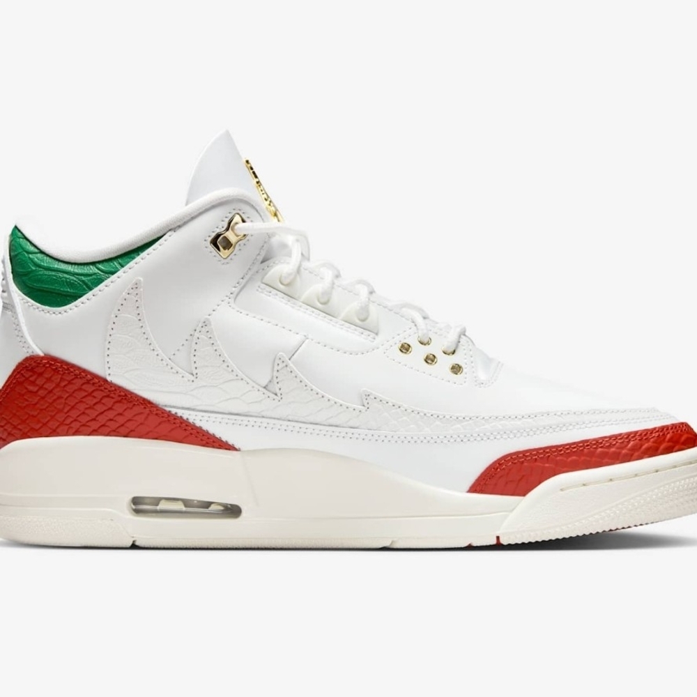 Jordan White and Red Sneakers with Green Accents